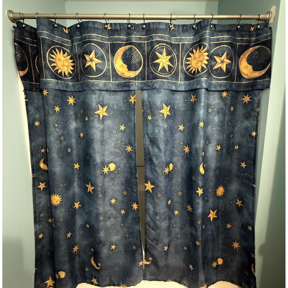 Vintage 90s Springmaid Celestial Shower Curtain Sun Moon Stars 69"x70" EUC